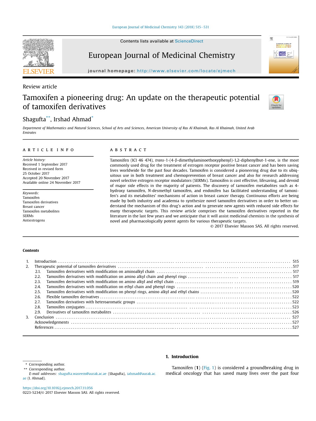 An Update on the Therapeutic Potential of Tamoxifen Derivatives