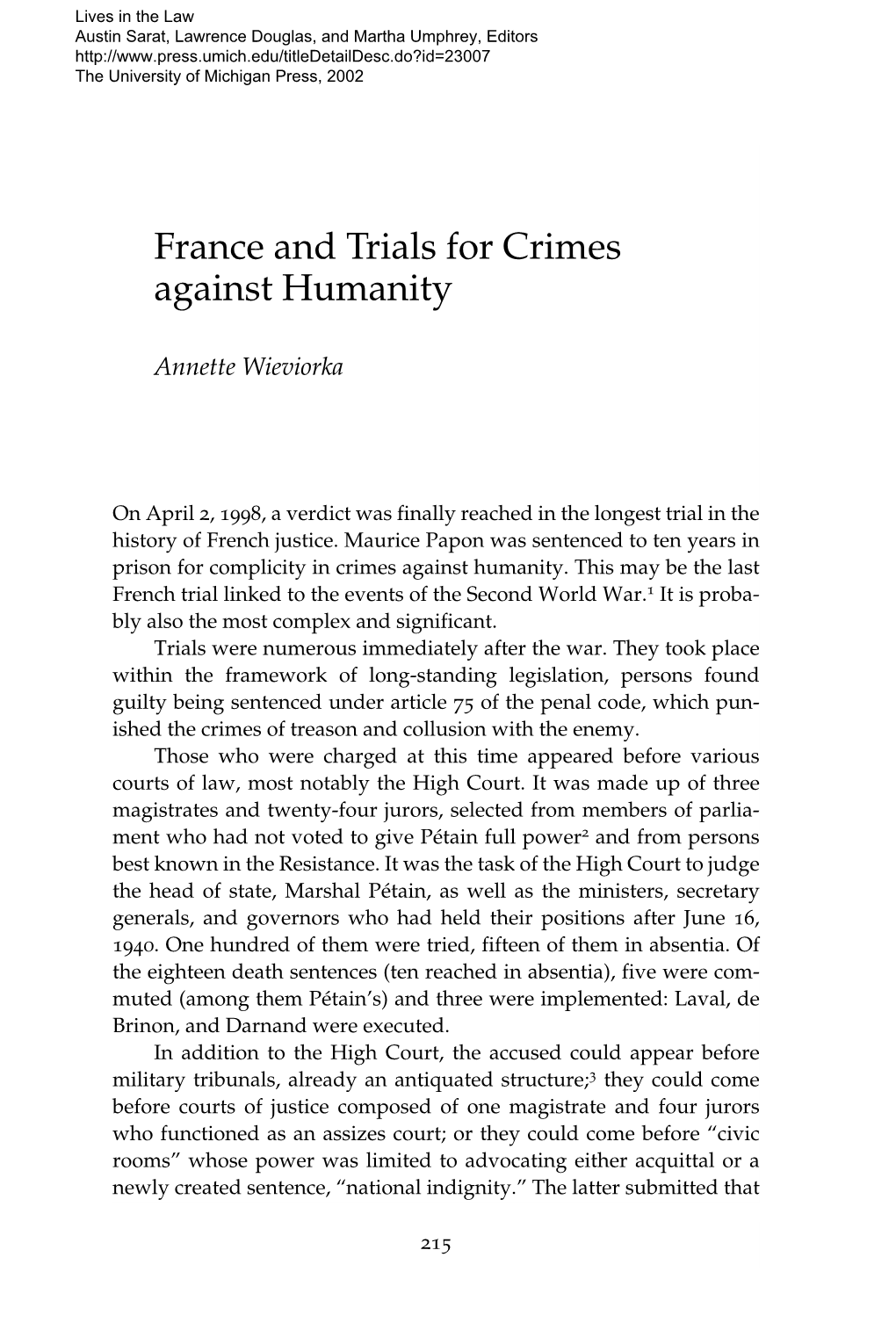 France and Trials for Crimes Against Humanity