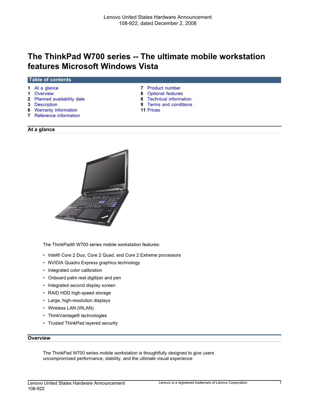 The Thinkpad W700 Series -- the Ultimate Mobile Workstation Features Microsoft Windows Vista