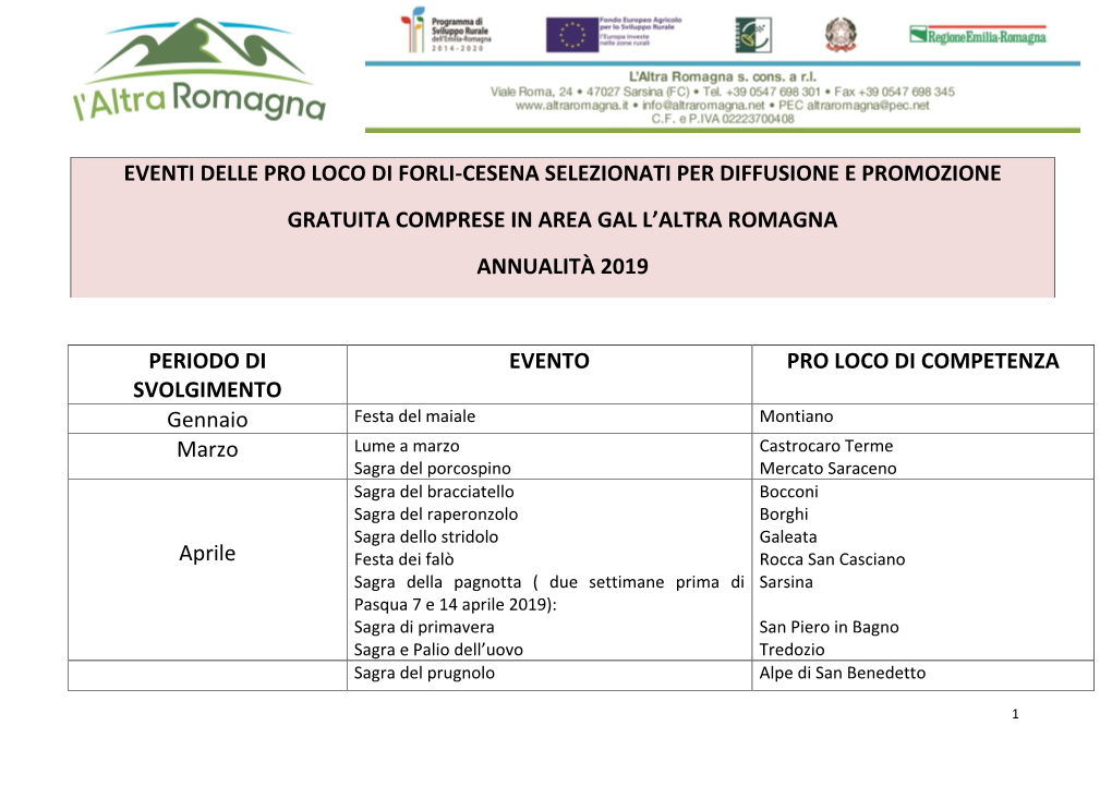 Elenco Eventi Pro Loco Forlì-Cesena 2019