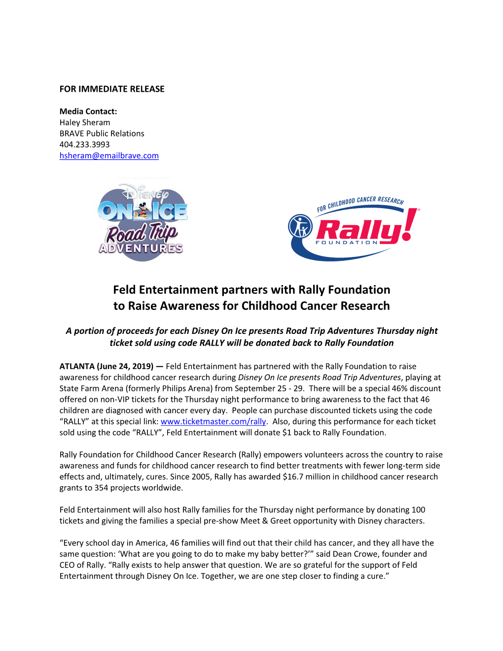 Feld Entertainment Partners with Rally Foundation to Raise Awareness for Childhood Cancer Research