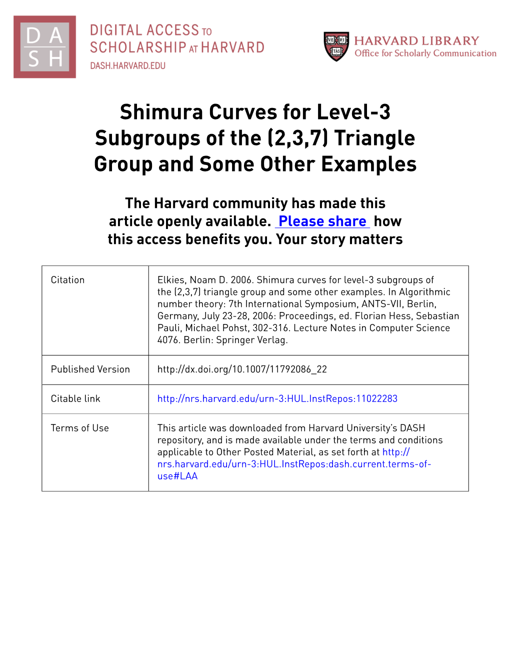 Shimura Curves for Level-3 Subgroups of the (2,3,7) Triangle Group and Some Other Examples