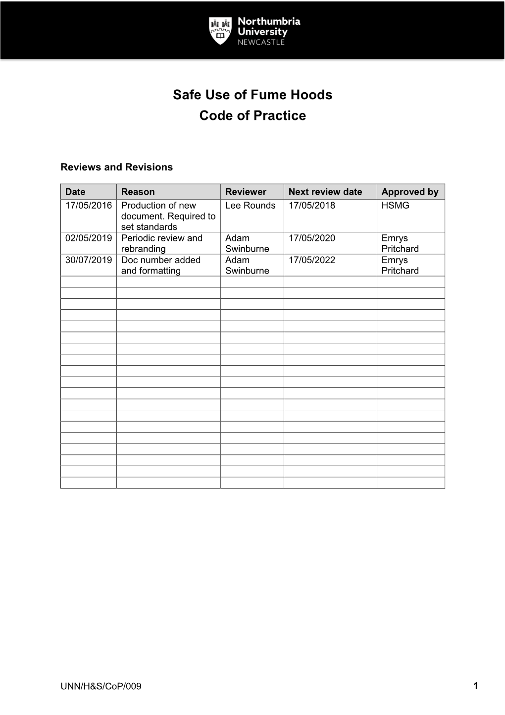 Safe Use of Fume Hoods Code of Practice