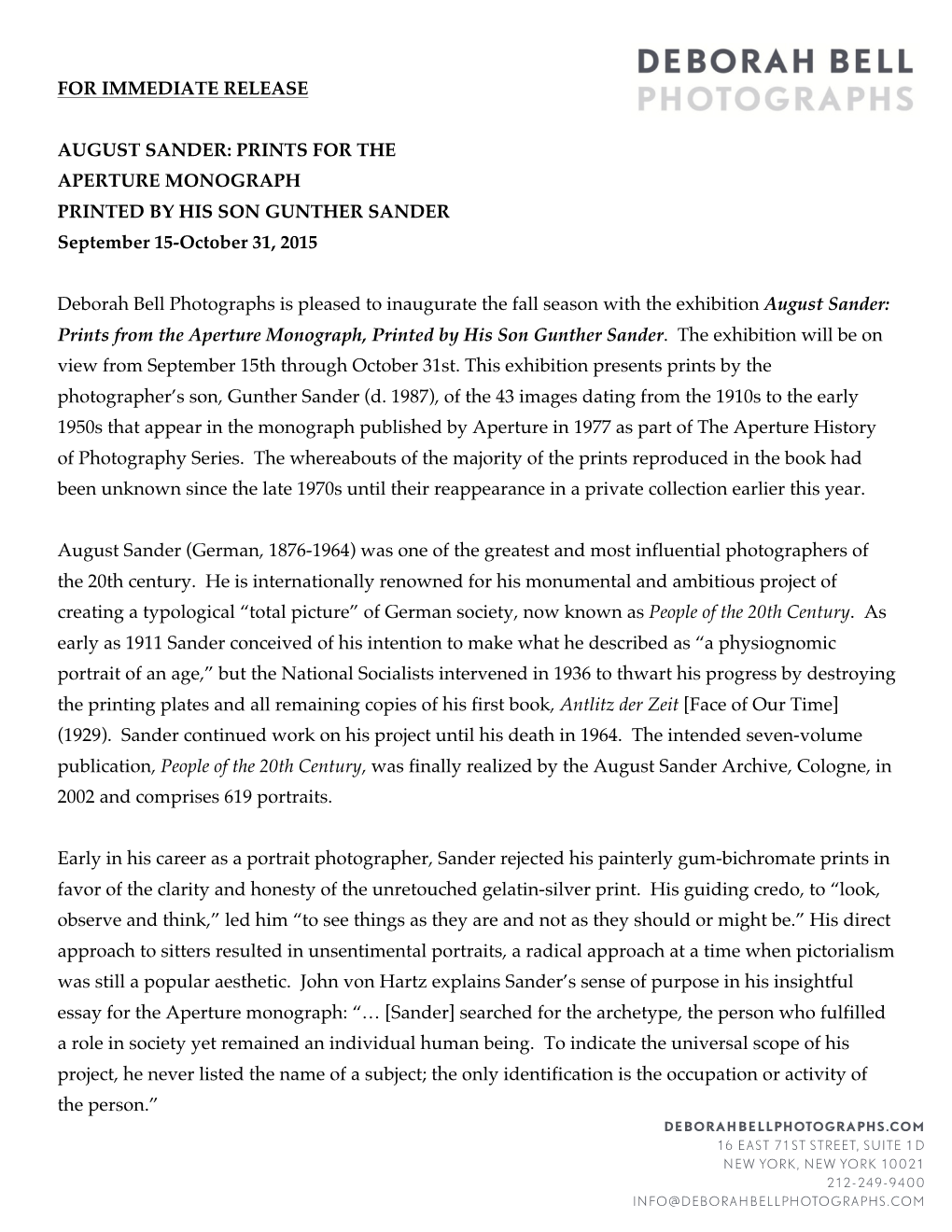 For Immediate Release August Sander