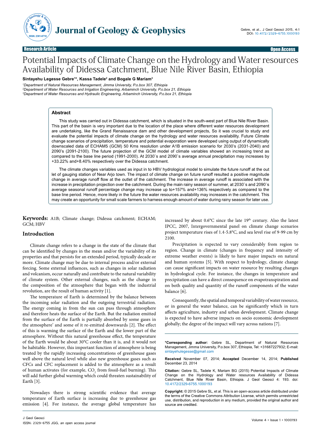 Potential Impacts of Climate Change on the Hydrology and Water