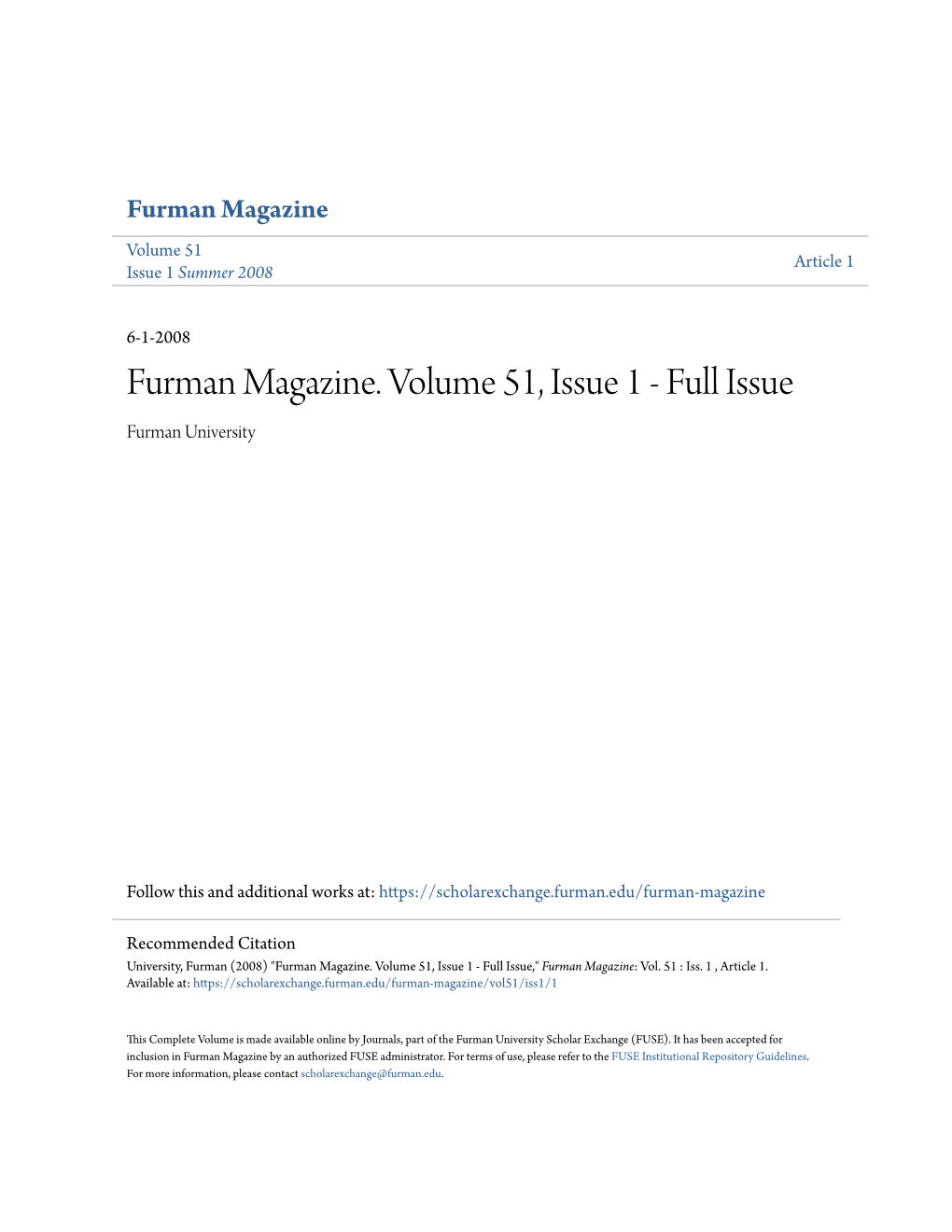 Furman Magazine. Volume 51, Issue 1 - Full Issue Furman University