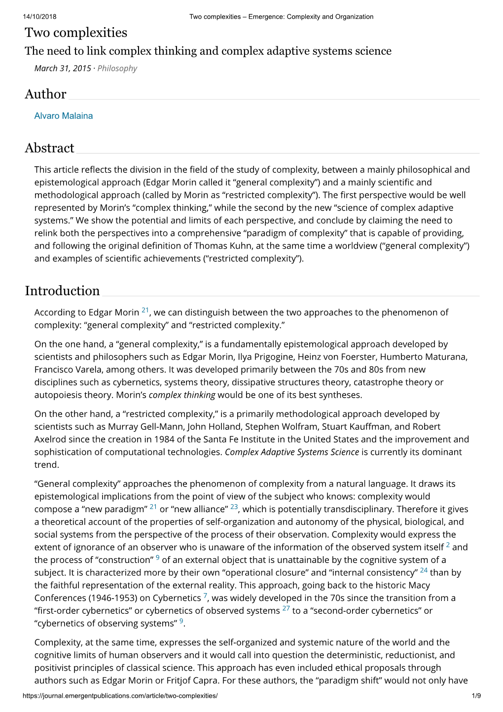 Two Complexities Abstract Introduction Author