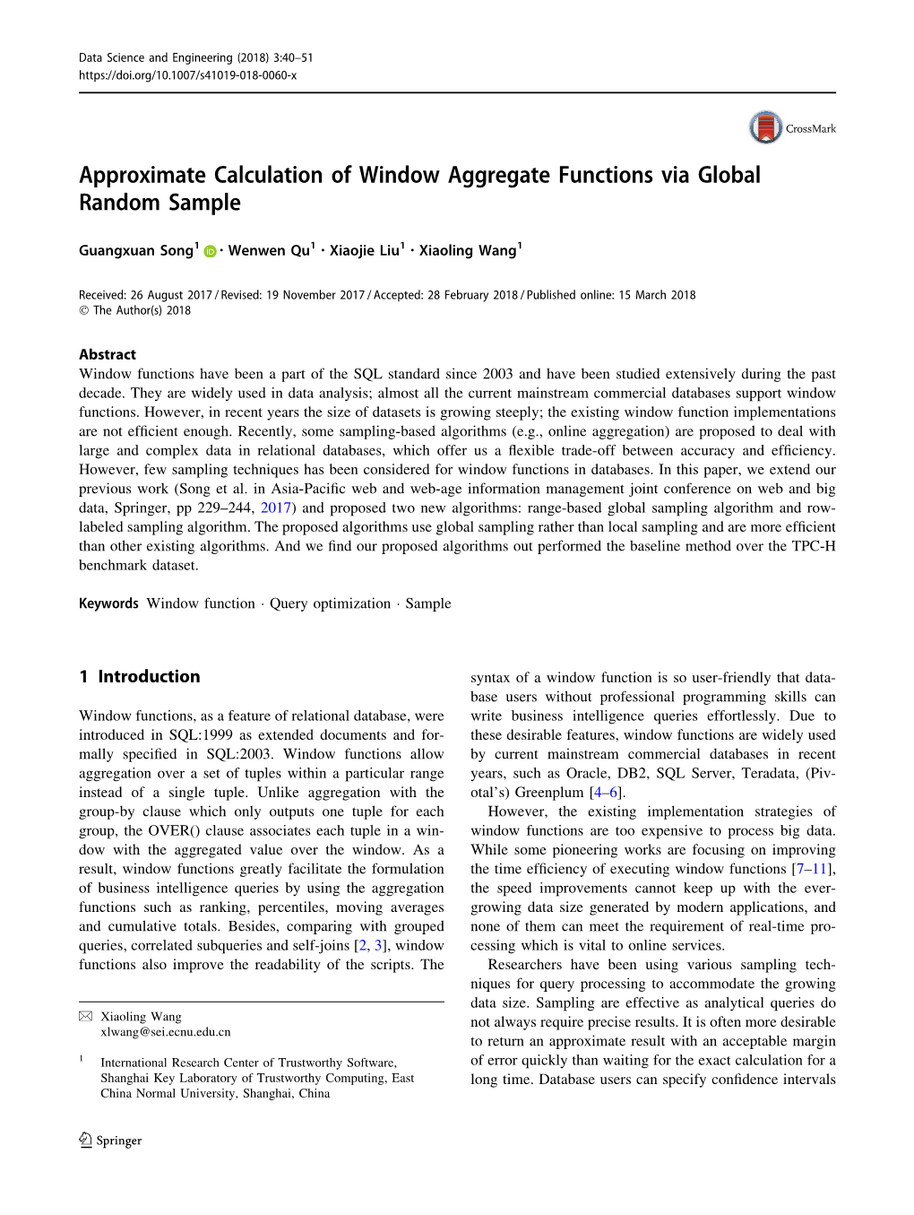 Approximate Calculation of Window Aggregate Functions Via Global Random Sample