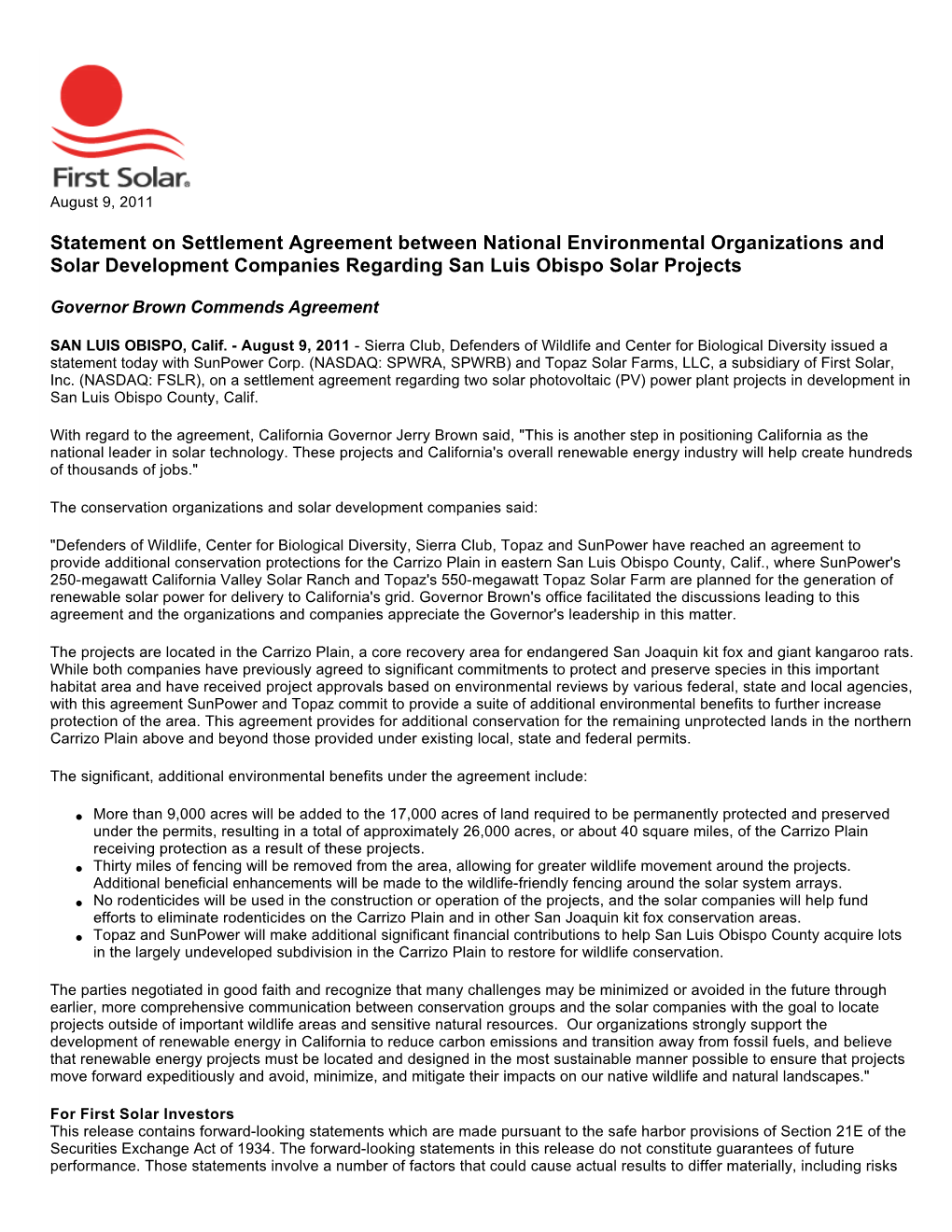 Statement on Settlement Agreement Between National Environmental Organizations and Solar Development Companies Regarding San Luis Obispo Solar Projects