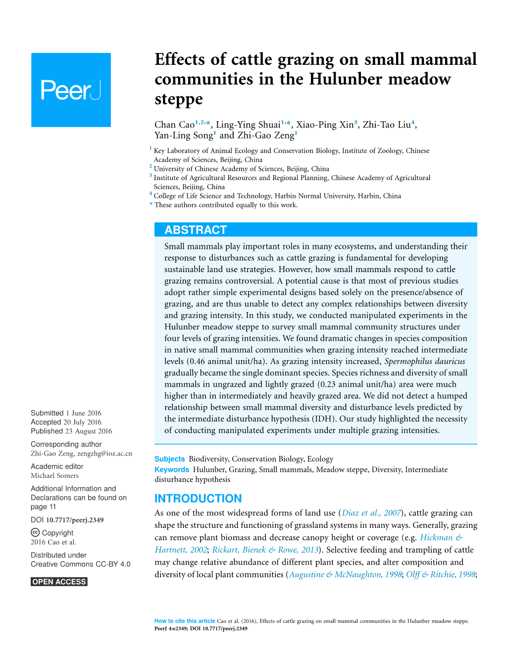 Effects of Cattle Grazing on Small Mammal Communities in the Hulunber Meadow Steppe