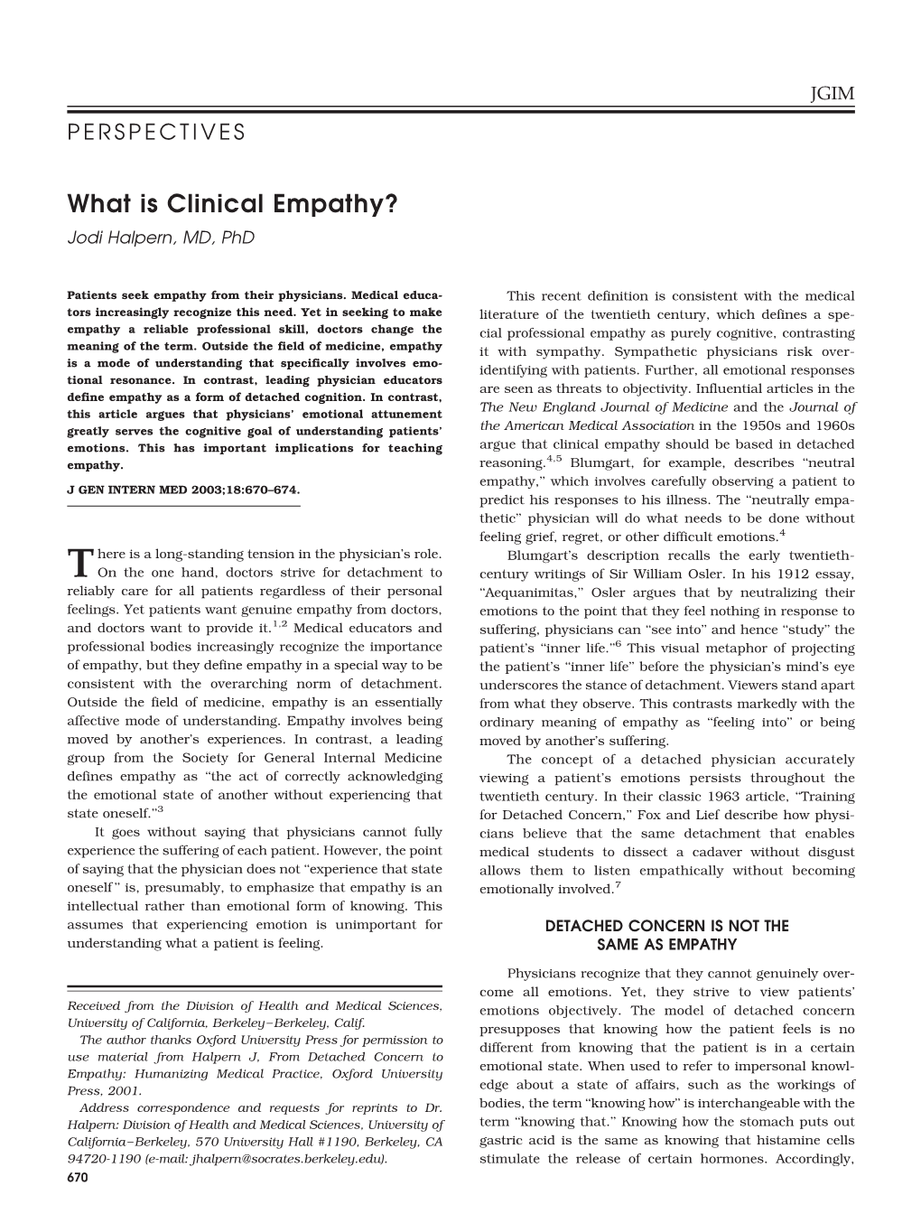 What Is Clinical Empathy? Jodi Halpern, MD, Phd