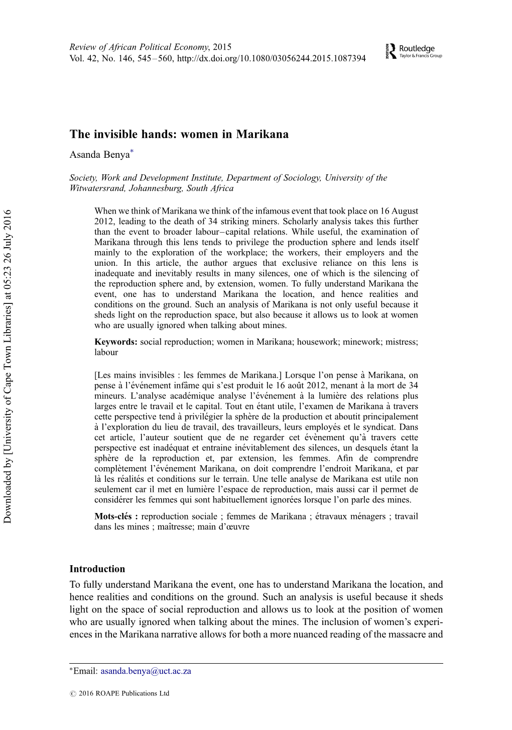 The Invisible Hands: Women in Marikana ∗ Asanda Benya