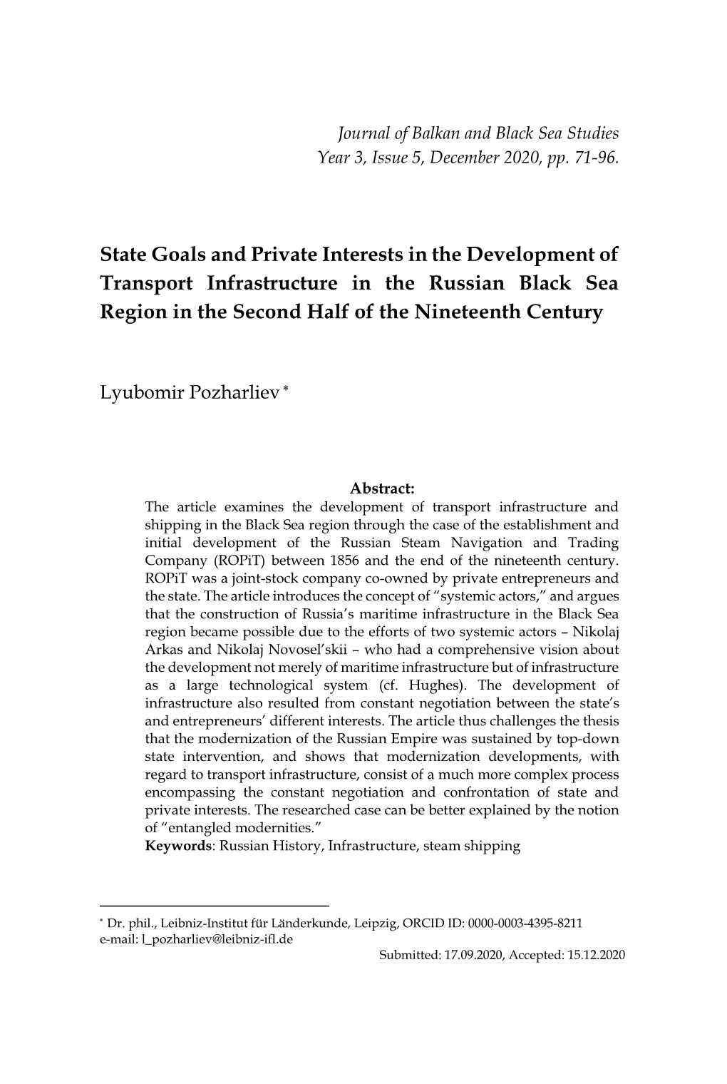 State Goals and Private Interests in the Development of Transport Infrastructure in the Russian Black Sea Region in the Second Half of the Nineteenth Century