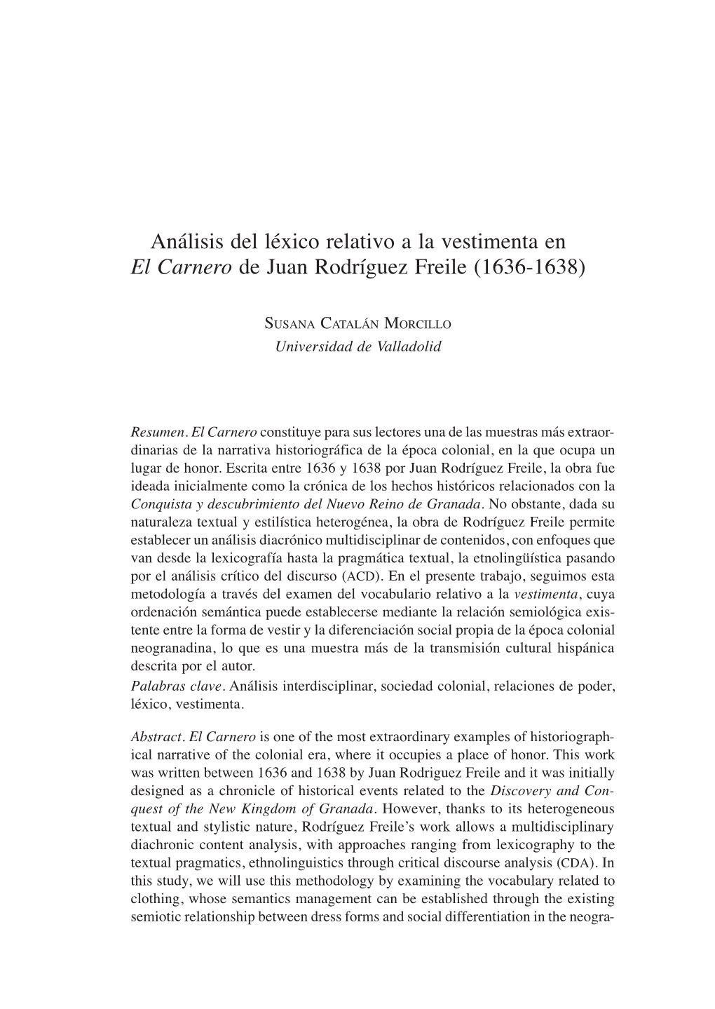 Análisis Del Léxico Relativo a La Vestimenta En El Carnero De Juan Rodríguez Freile (1636-1638)