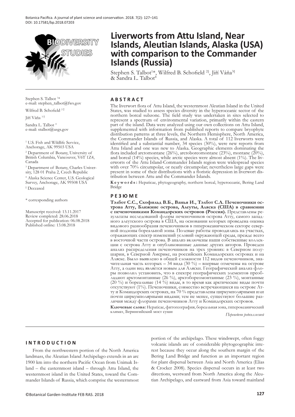 Liverworts from Attu Island, Near Islands, Aleutian Islands, Alaska (USA) with Comparison to the Commander Islands (Russia) Stephen S