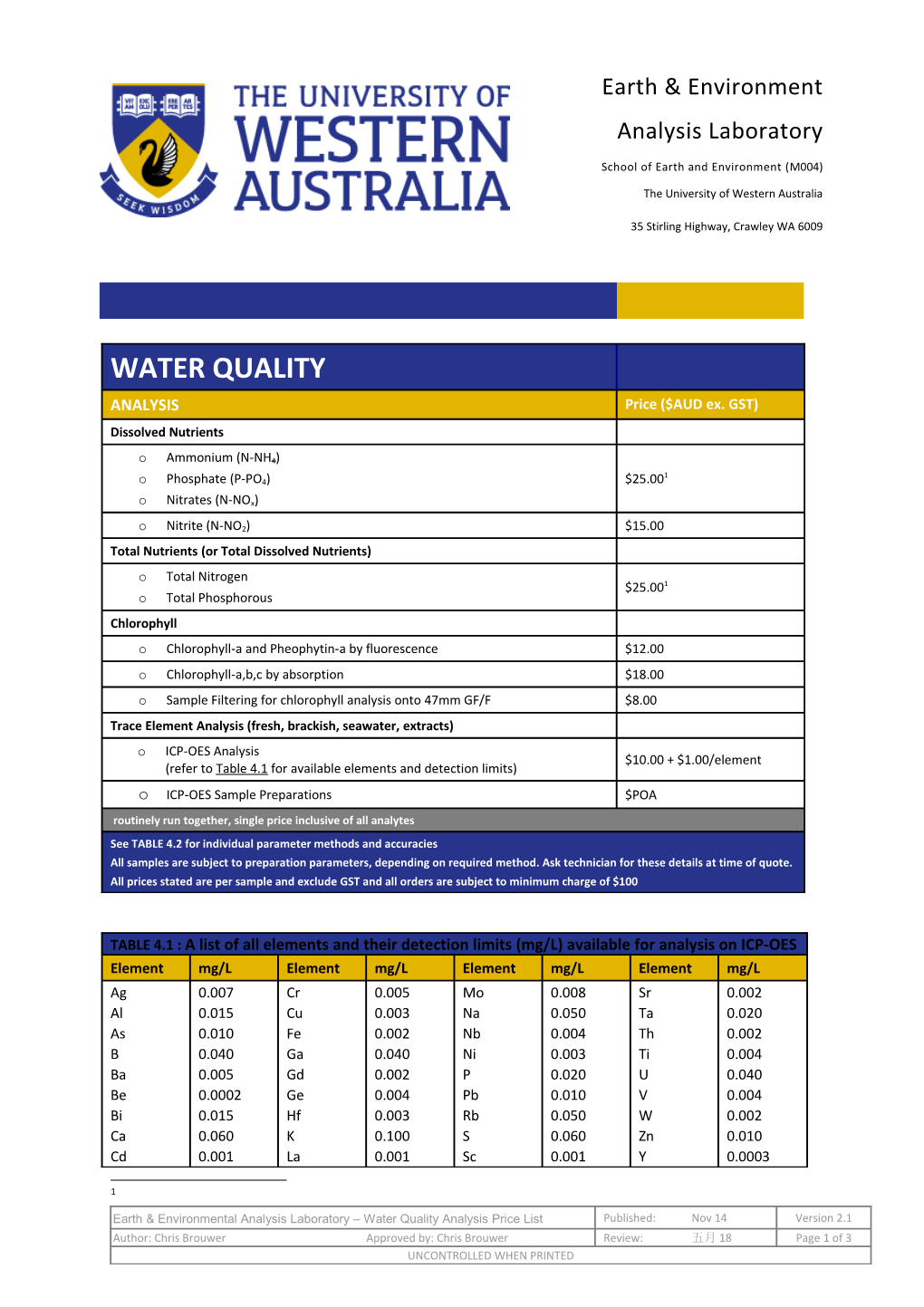 Earth & Environmental Analysis Laboratory Water Quality Analysis Price List