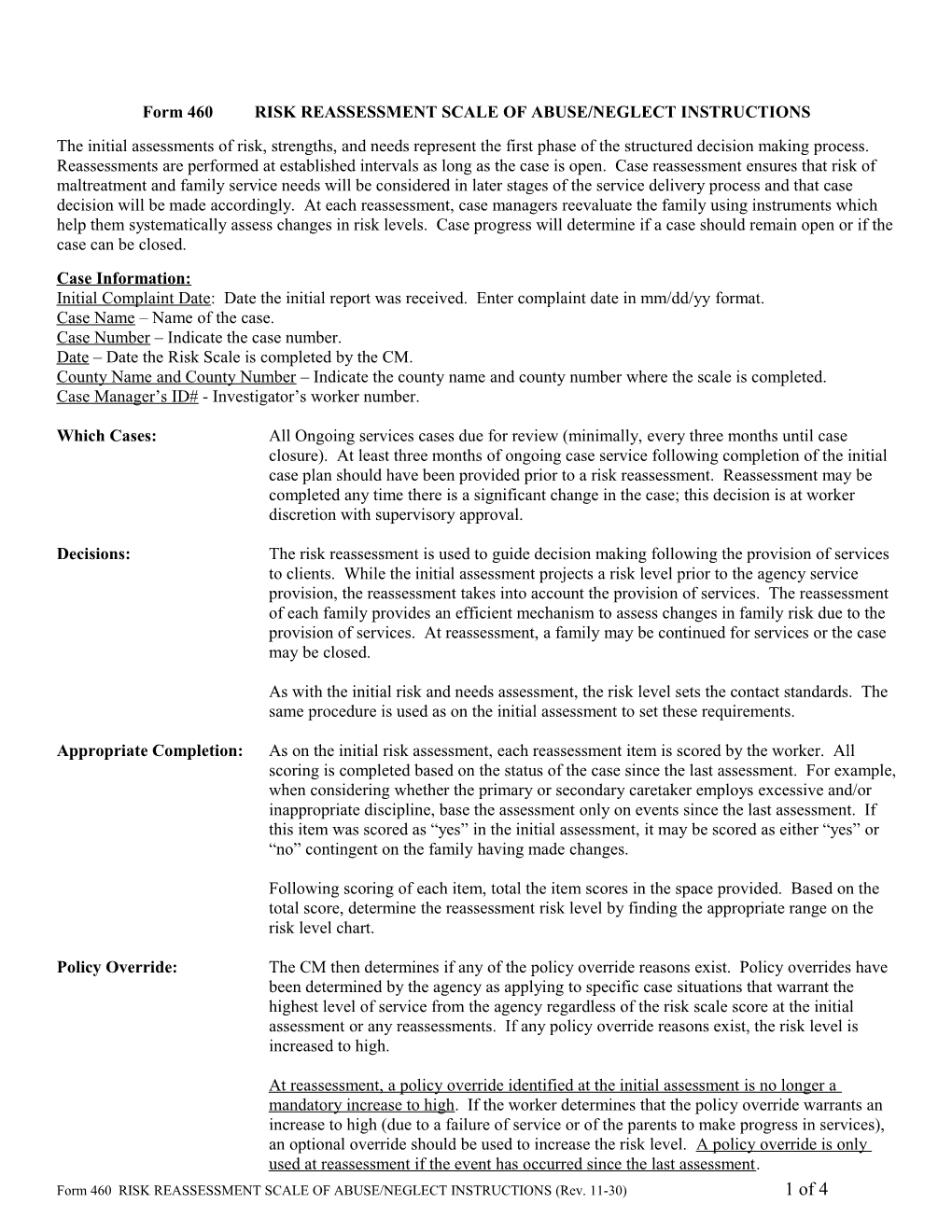 Form 460 RISK ASSESSMENT SCALE of ABUSE/NEGLECT INSTRUCTIONS