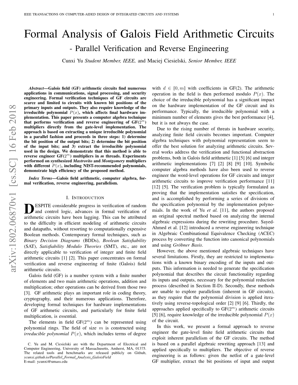 Formal Analysis of Galois Field Arithmetic Circuits - Parallel Veriﬁcation and Reverse Engineering