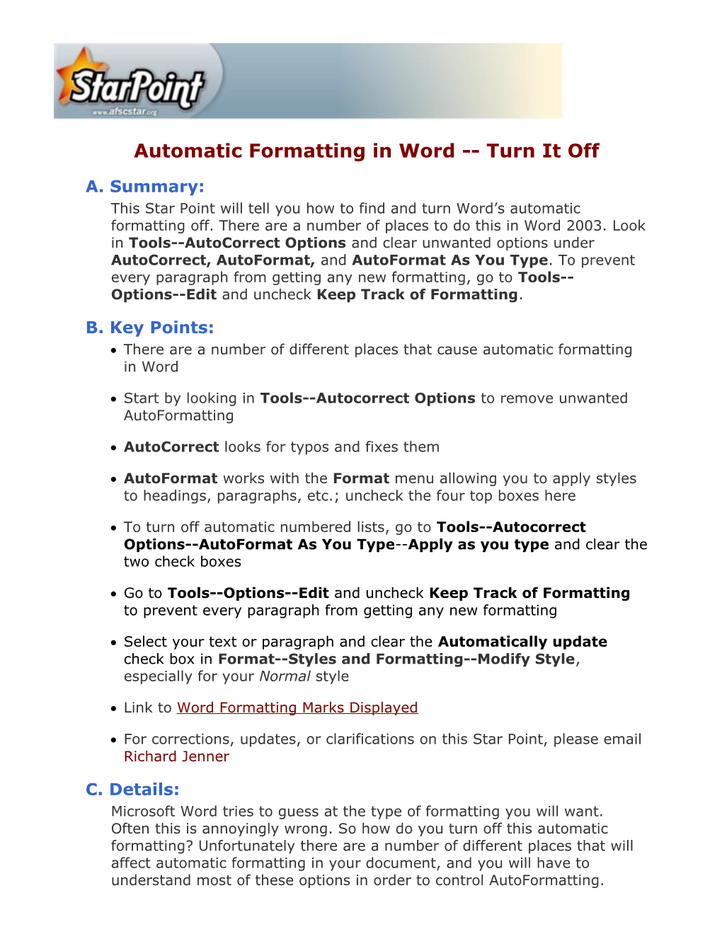 Word Automatic Formatting - Turn It Off