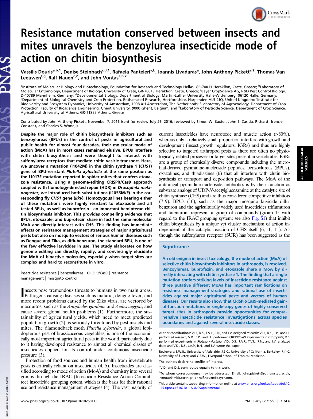 Resistance Mutation Conserved Between Insects and Mites Unravels the Benzoylurea Insecticide Mode of Action on Chitin Biosynthesis