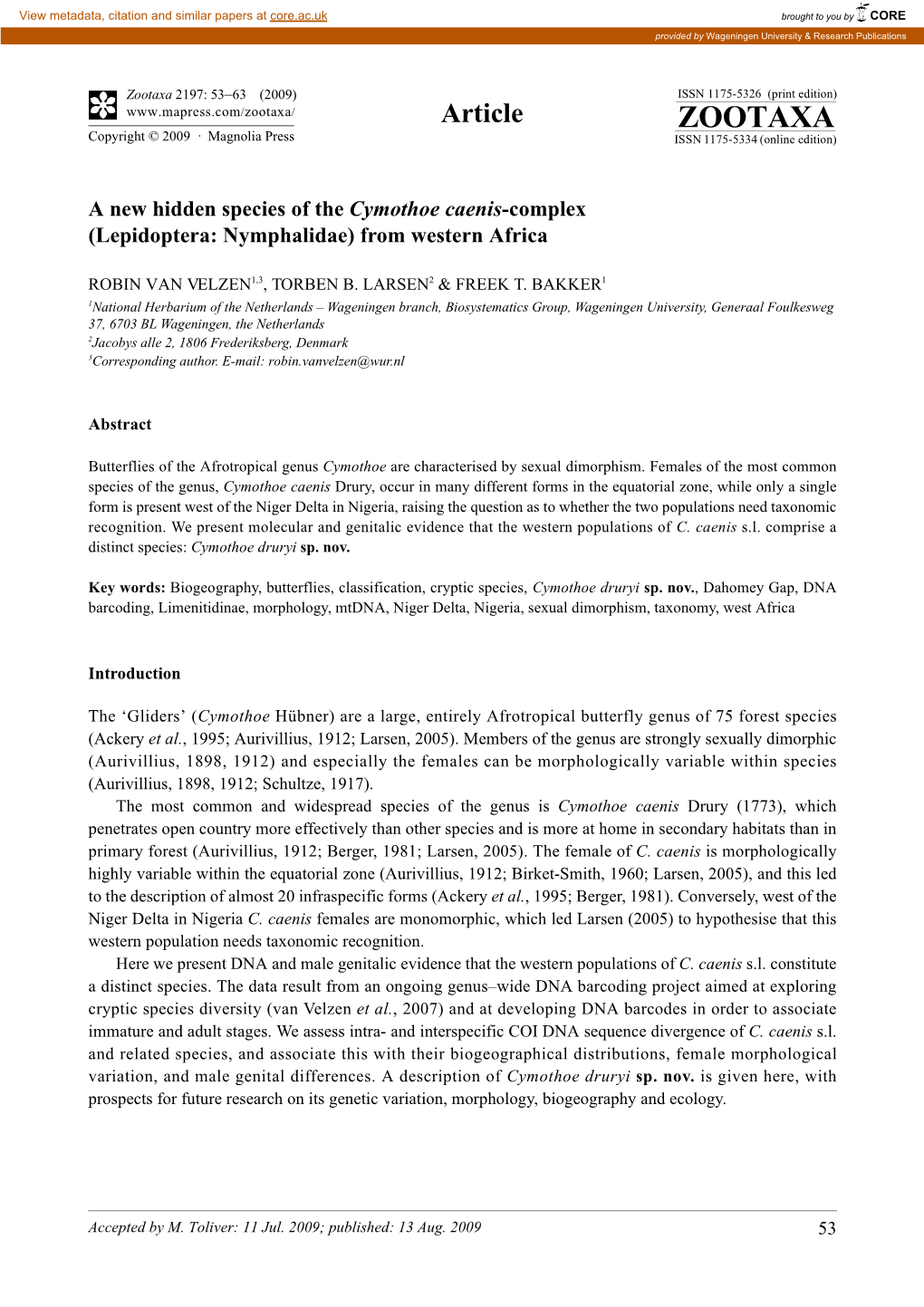 Zootaxa, a New Hidden Species of the Cymothoe Caenis-Complex