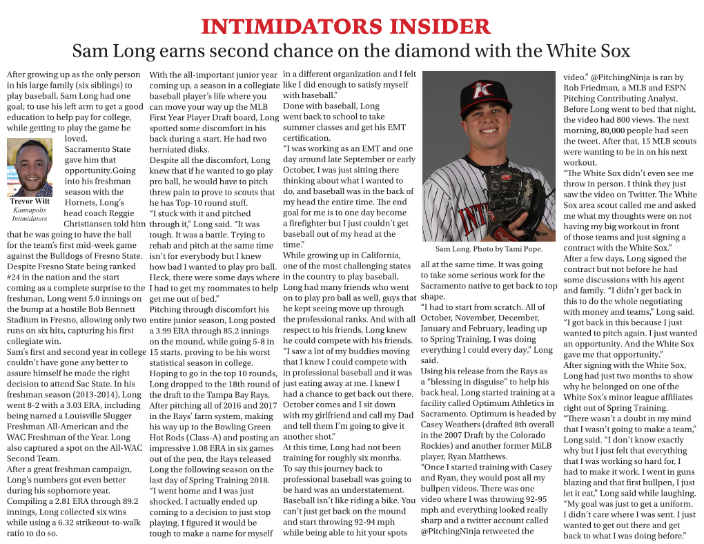 INTIMIDATORS INSIDER Sam Long Earns Second Chance on the Diamond with the White Sox