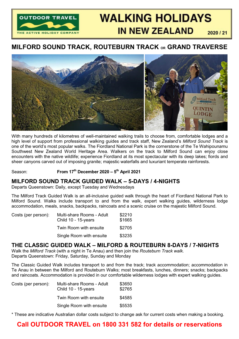 MILFORD TRACK Pricelist GUIDED WALK