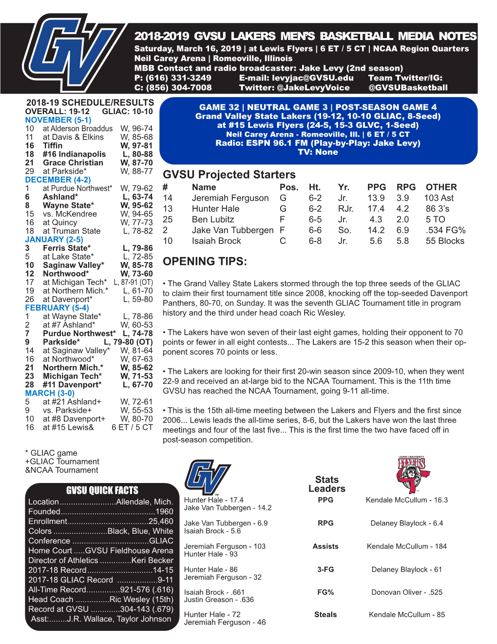 2018-2019 Gvsu Lakers Men's Basketball Media Notes