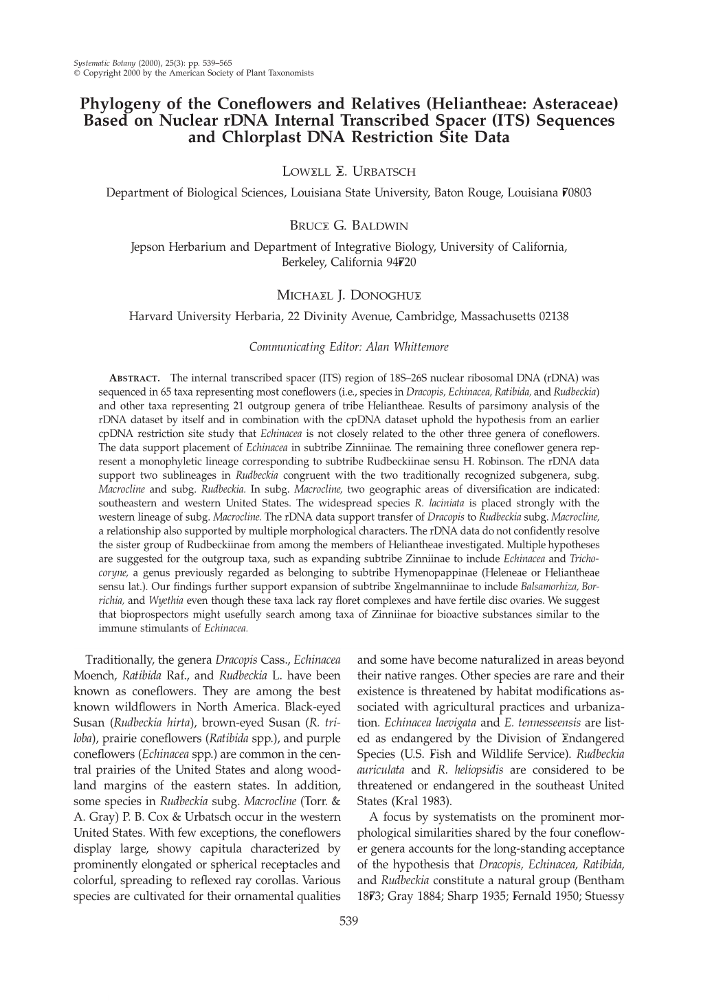 Phylogeny of the Coneflowers and Relatives (Heliantheae: Asteraceae) Based on Nuclear Rdna Internal Transcribed Spacer (ITS)