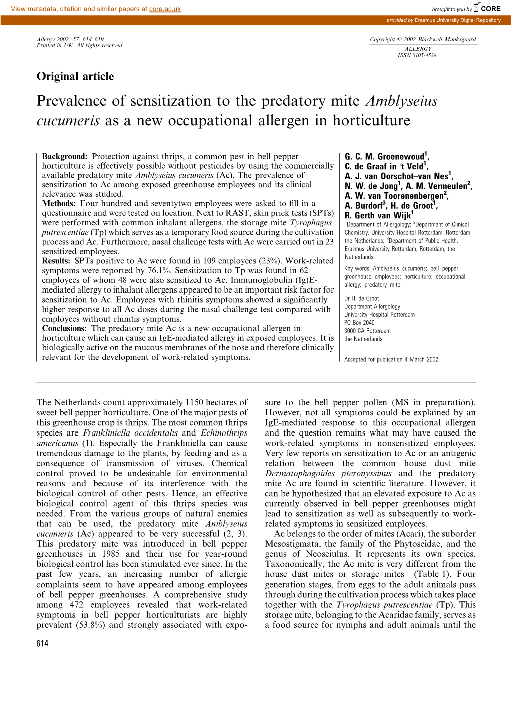 Prevalence of Sensitization to the Predatory Mite Amblyseius Cucumeris As a New Occupational Allergen in Horticulture