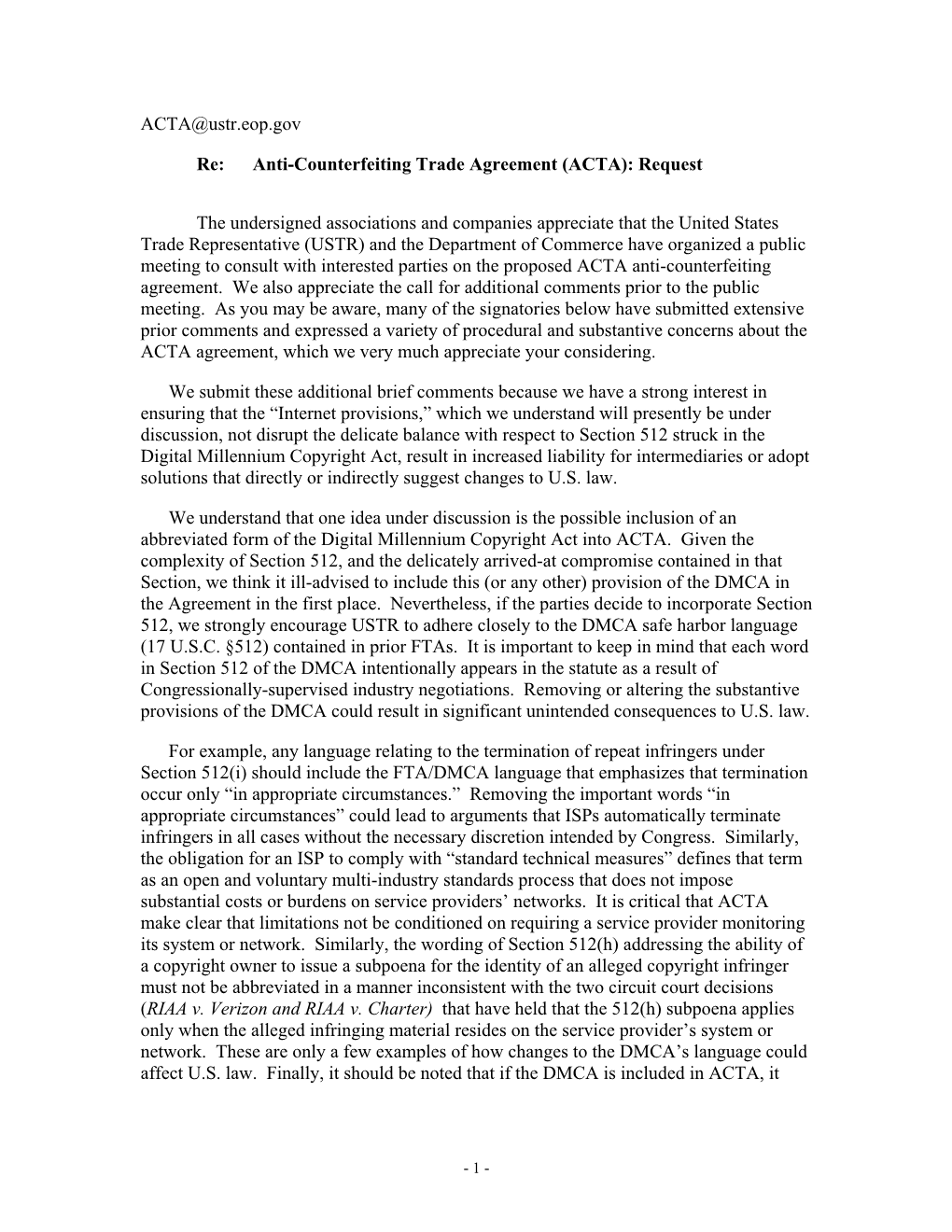Anti-Counterfeiting Trade Agreement (ACTA): Request