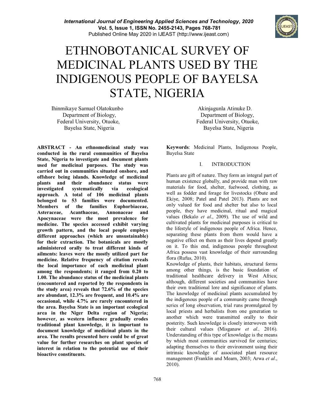 Ethnobotanical Survey of Medicinal Plants Used by the Indigenous People of Bayelsa State, Nigeria