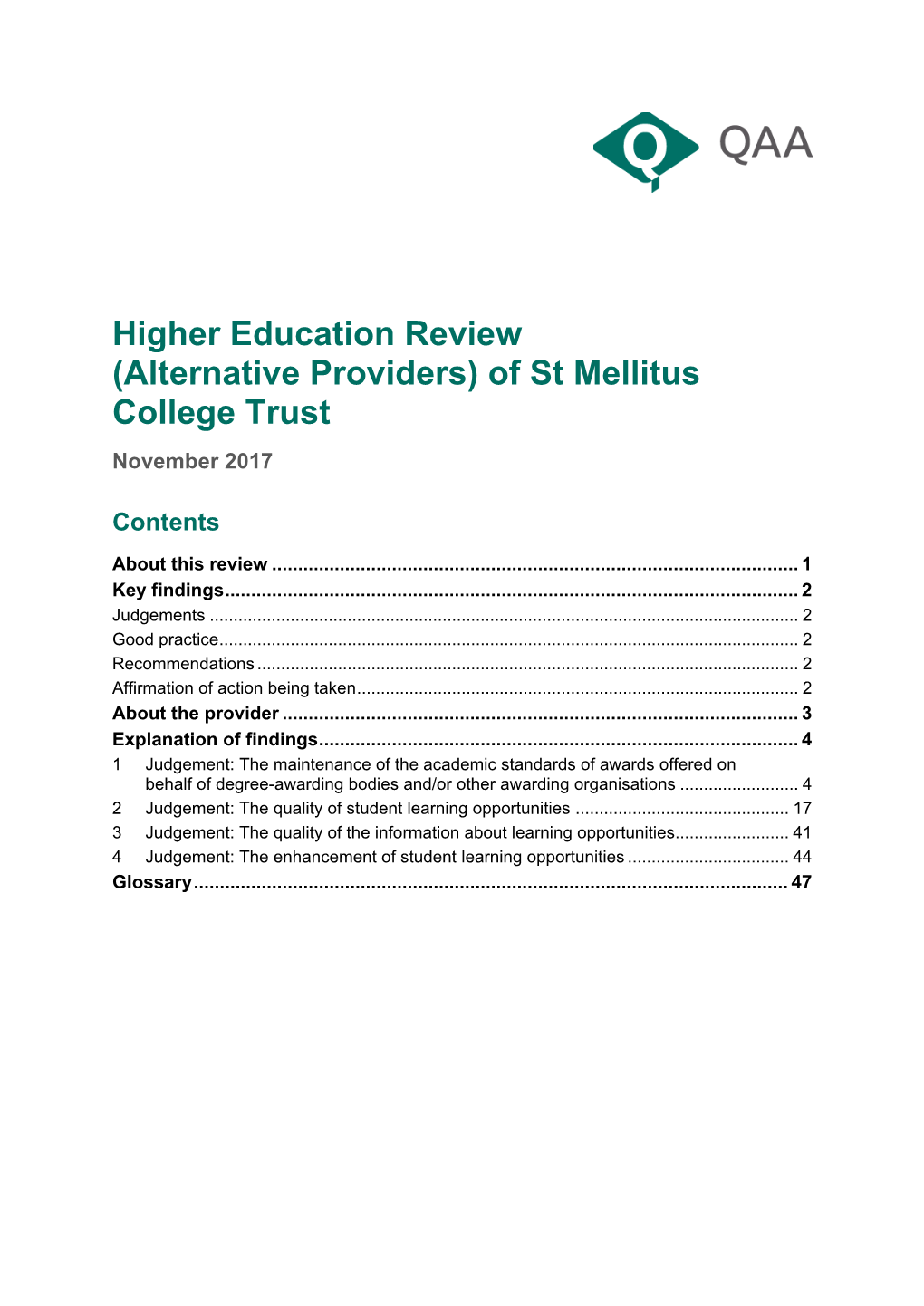 Higher Education Review (Alternative Providers): St Mellitus College Trust, November 2017