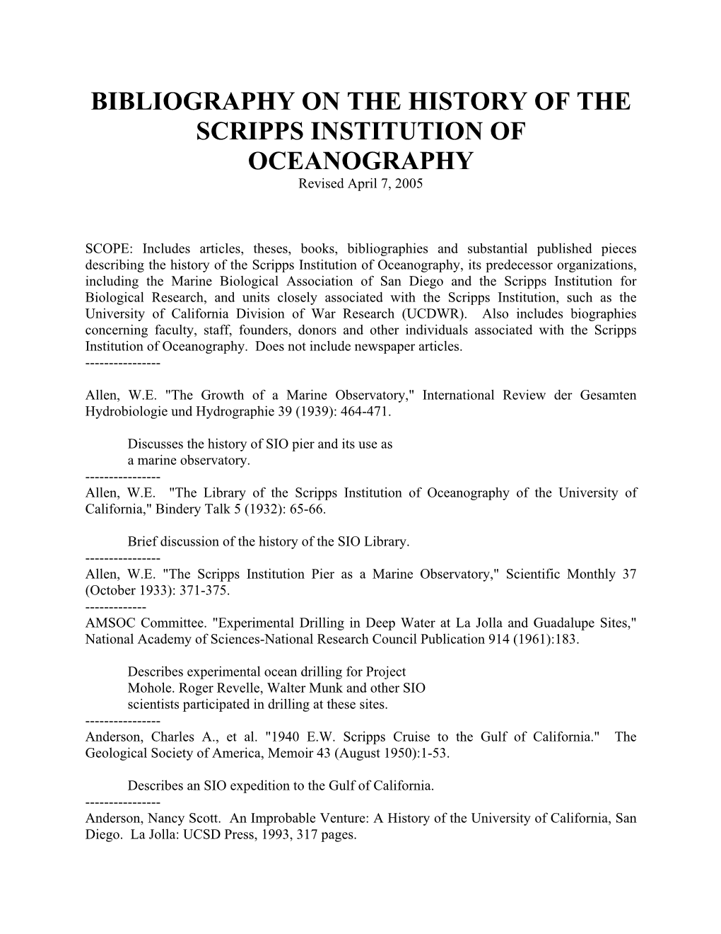 BIBLIOGRAPHY on the HISTORY of the SCRIPPS INSTITUTION of OCEANOGRAPHY Revised April 7, 2005