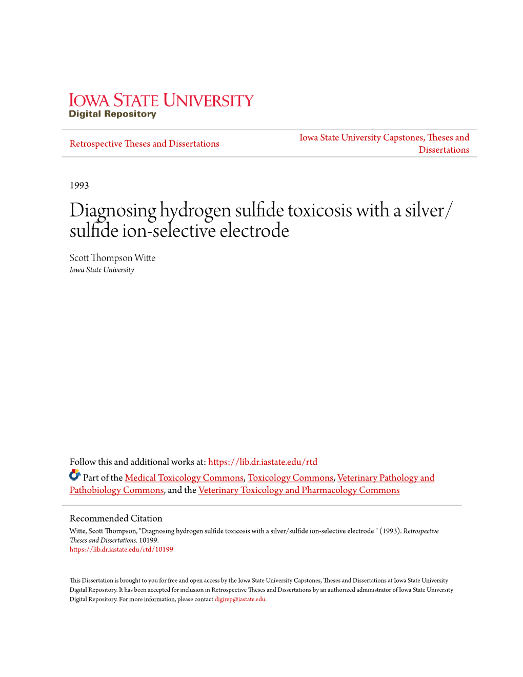 Diagnosing Hydrogen Sulfide Toxicosis with a Silver/Sulfide Ion-Selective Electrode