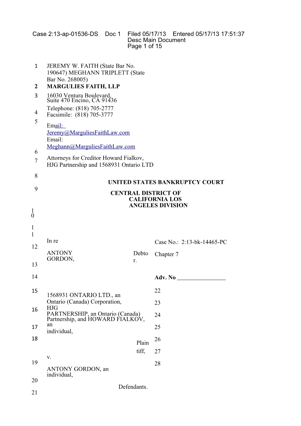 Nondischargeability Complaint for Filing