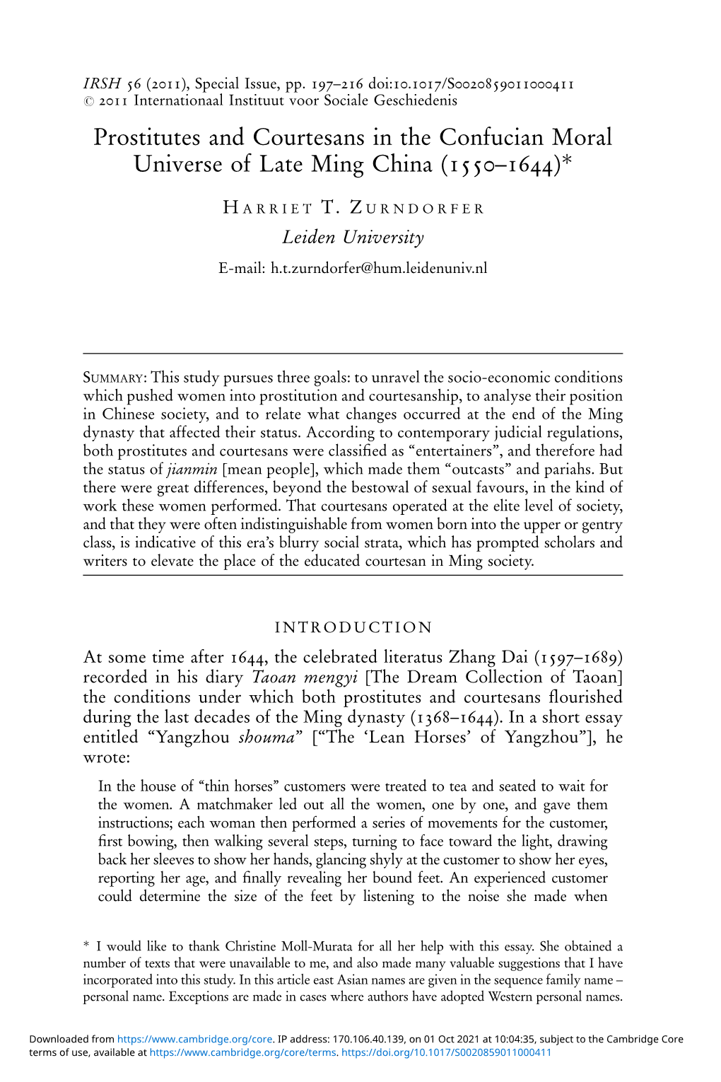 Prostitutes and Courtesans in the Confucian Moral Universe of Late Ming China (1550–1644)*