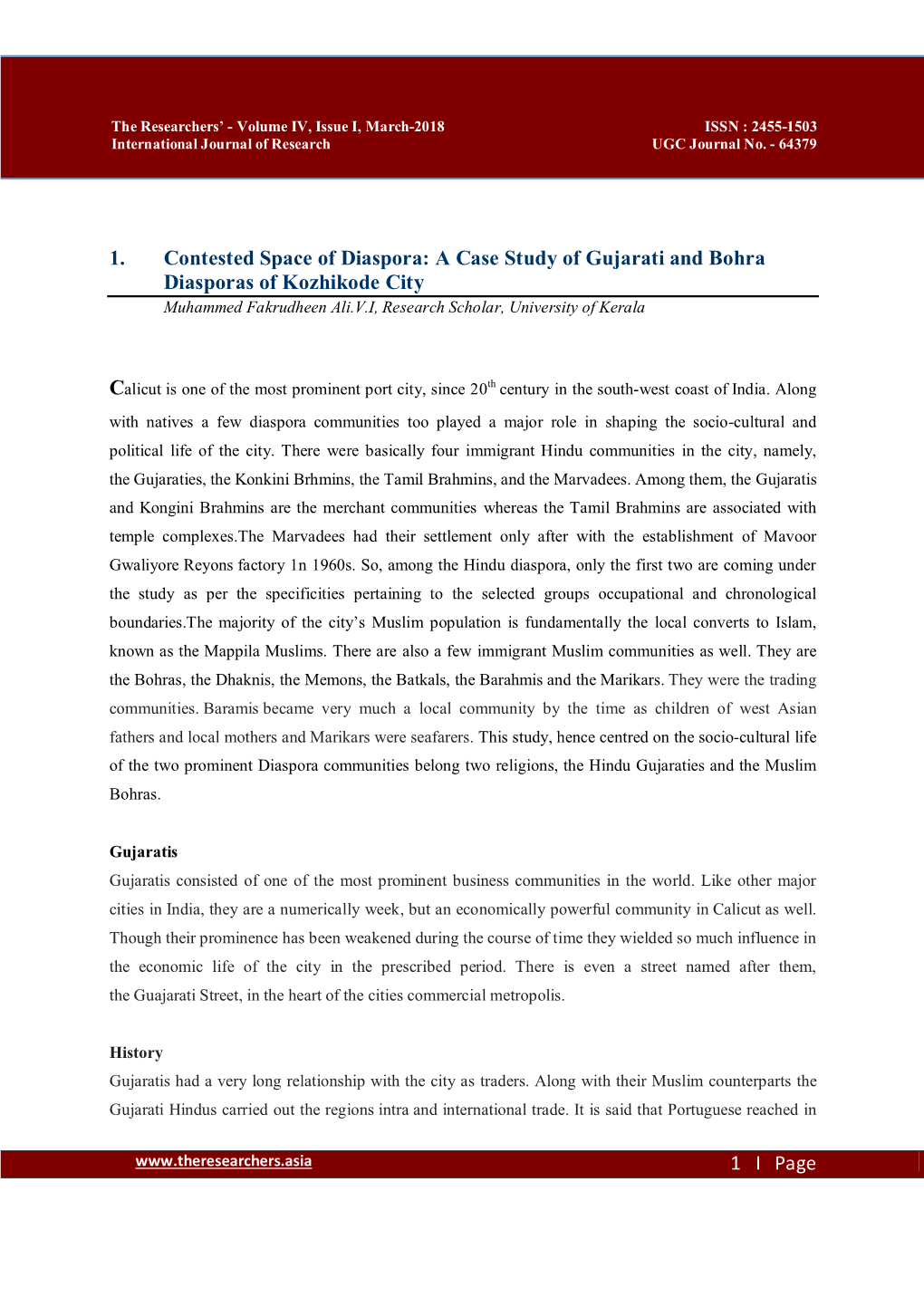 A Case Study of Gujarati and Bohra Diasporas of Kozhikode City Muhammed Fakrudheen Ali.V.I, Research Scholar, University of Kerala