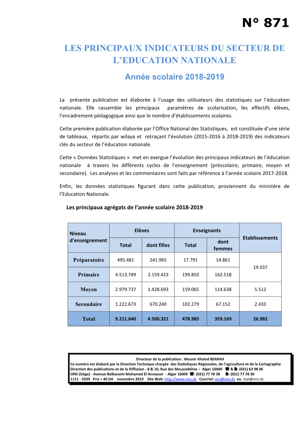 N° 871 Les Principaux Indicateurs Du Secteur De L