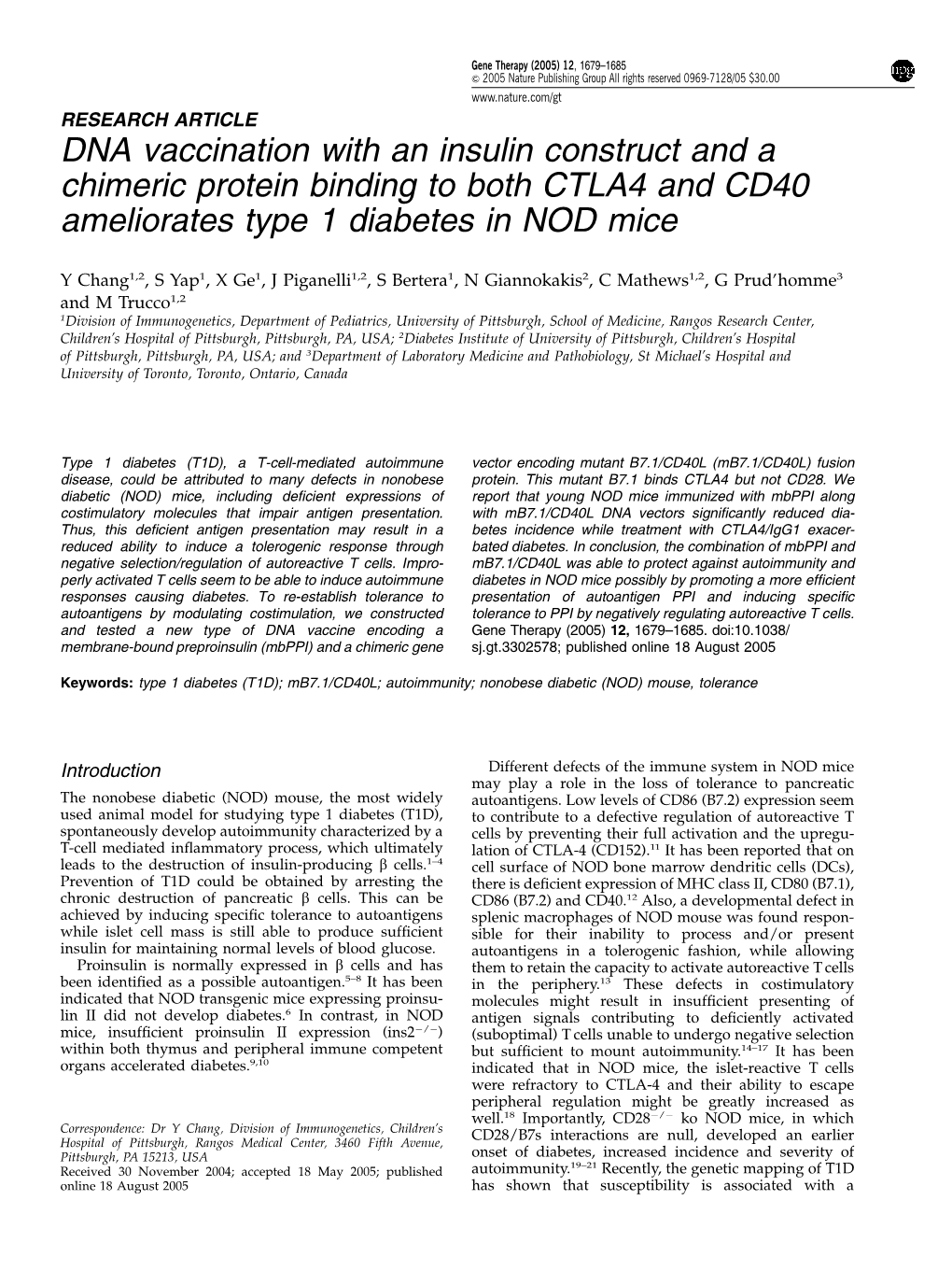 DNA Vaccination with an Insulin Construct and a Chimeric Protein Binding to Both CTLA4 and CD40 Ameliorates Type 1 Diabetes in NOD Mice
