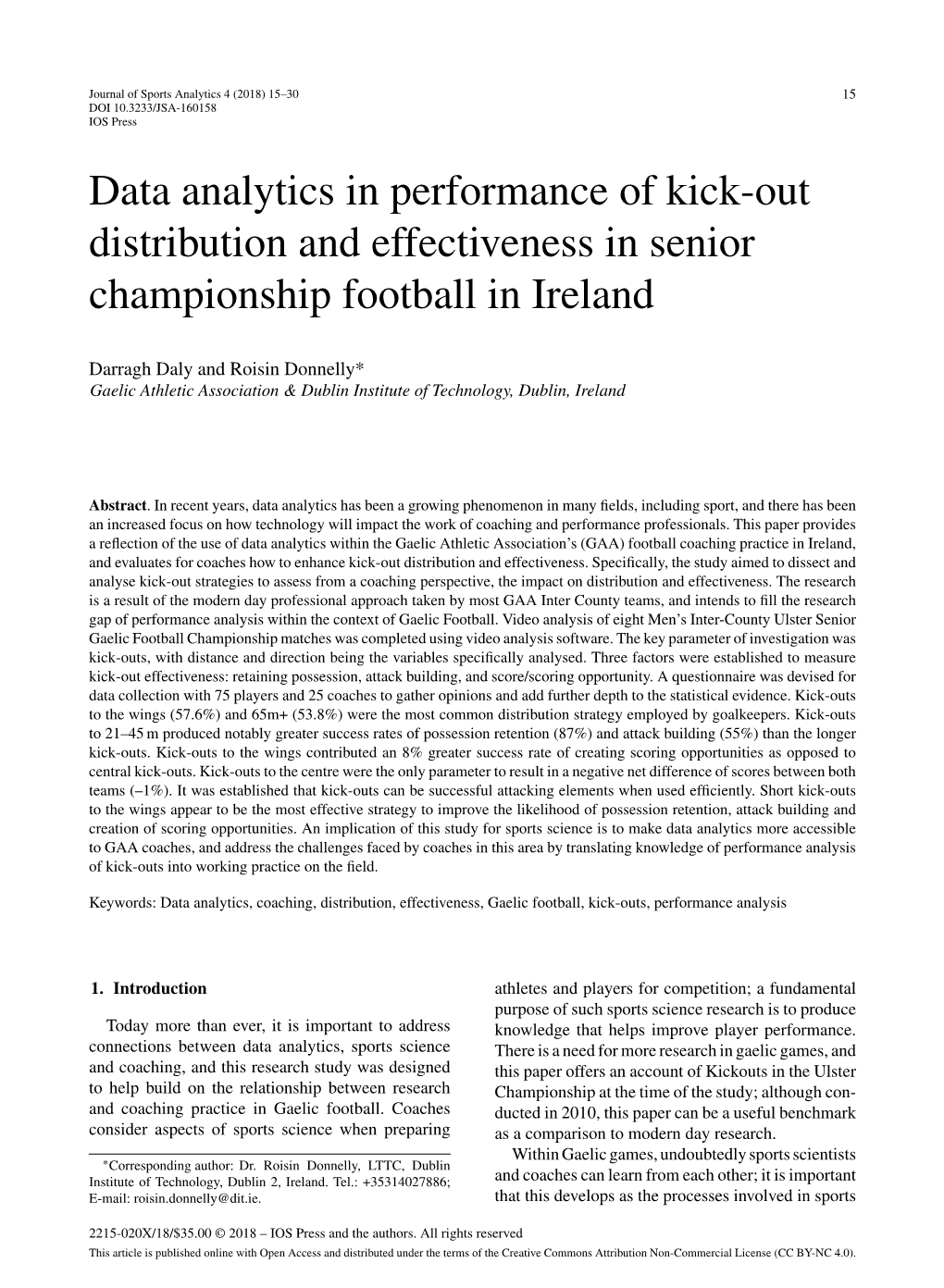 Data Analytics in Performance of Kick-Out Distribution and Effectiveness in Senior Championship Football in Ireland