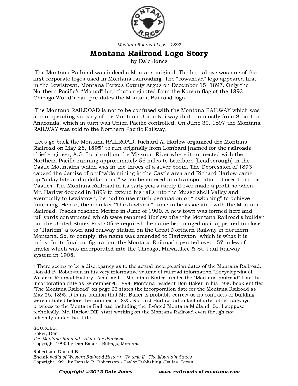 Montana Railroad Logo Story by Dale Jones