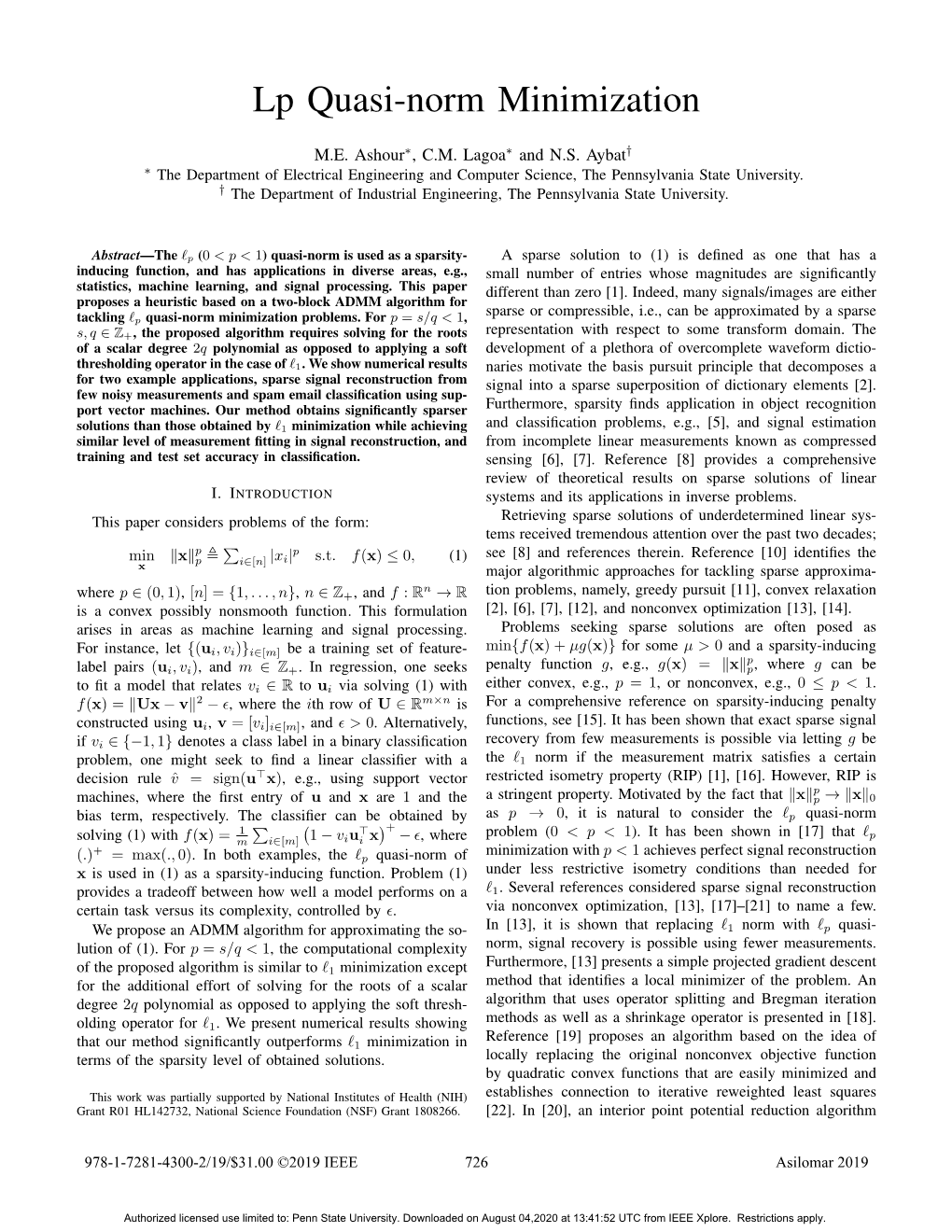 Lp Quasi-Norm Minimization