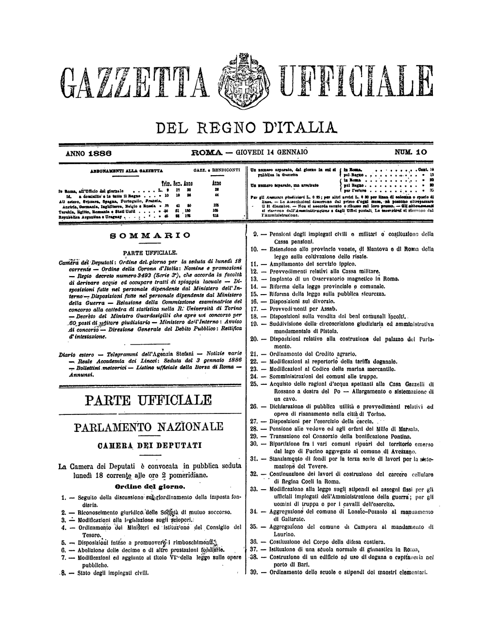 Gazzetta Ufficiale Del Regno D'italia N. 010 Del 14 Gennaio 1886 Parte