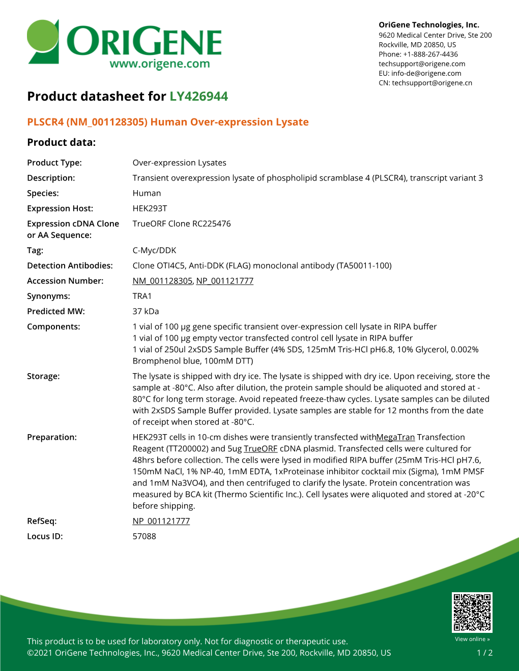 PLSCR4 (NM 001128305) Human Over-Expression Lysate Product Data