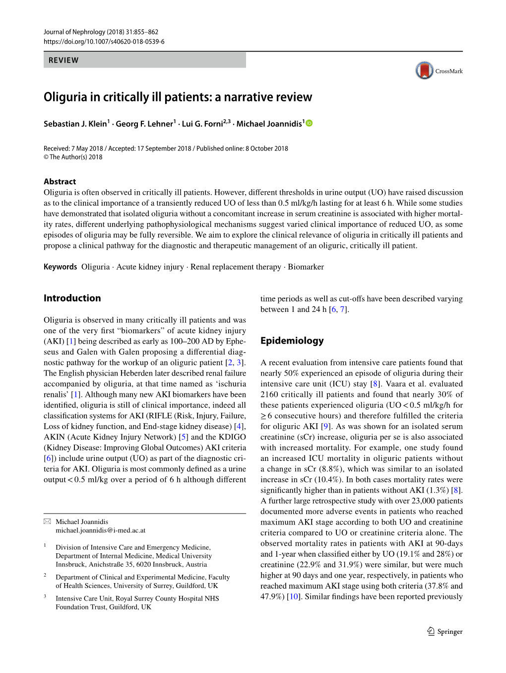 Oliguria in Critically Ill Patients: a Narrative Review