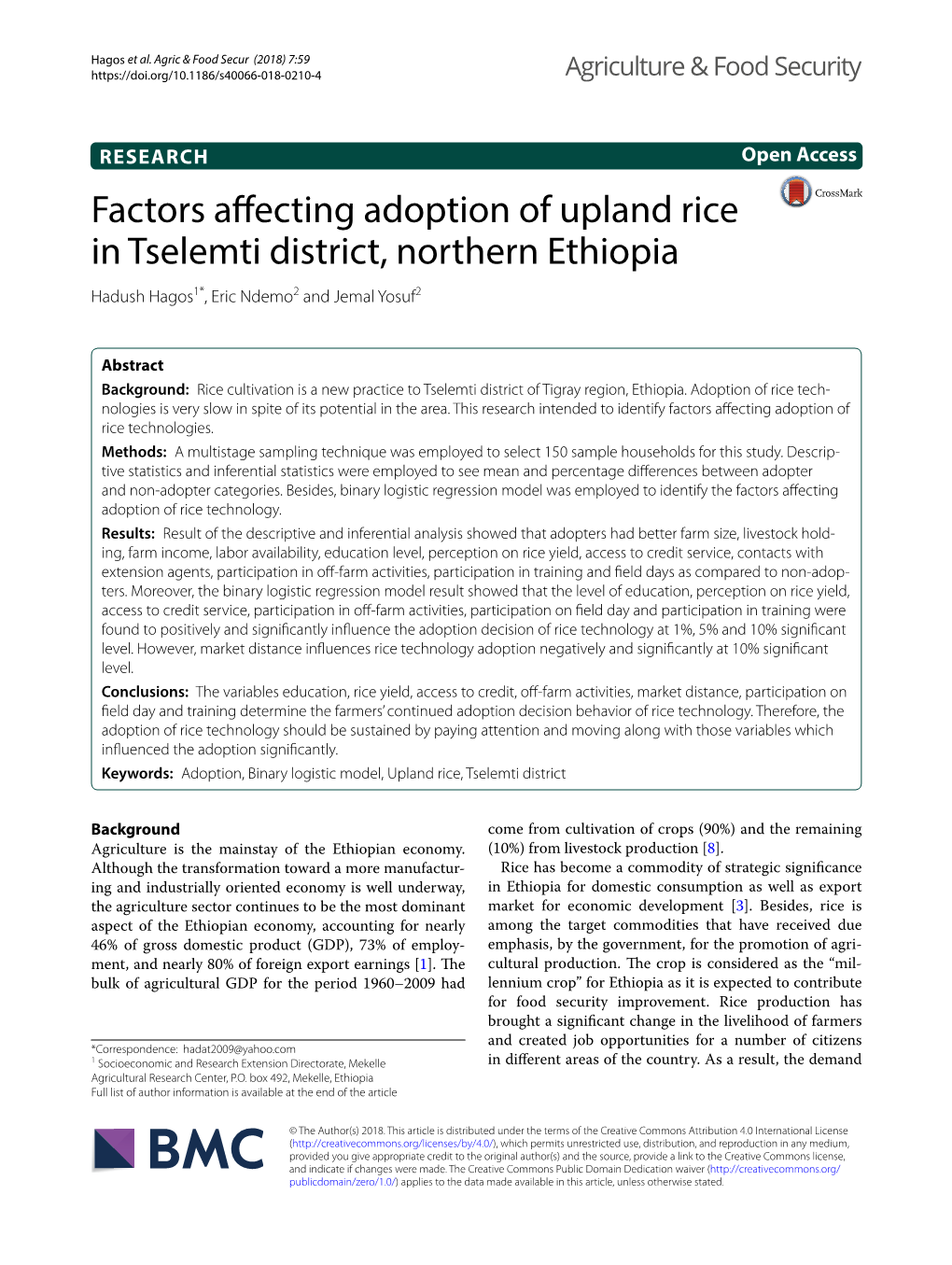 Factors Affecting Adoption of Upland Rice in Tselemti District, Northern