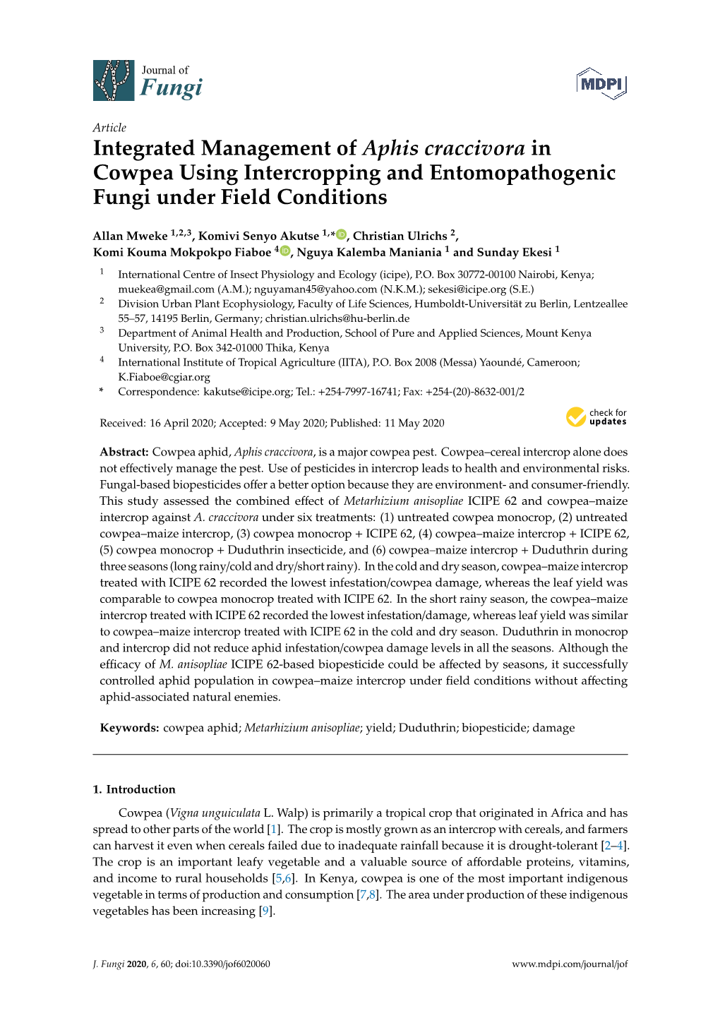 Integrated Management of Aphis Craccivora in Cowpea Using Intercropping and Entomopathogenic Fungi Under Field Conditions