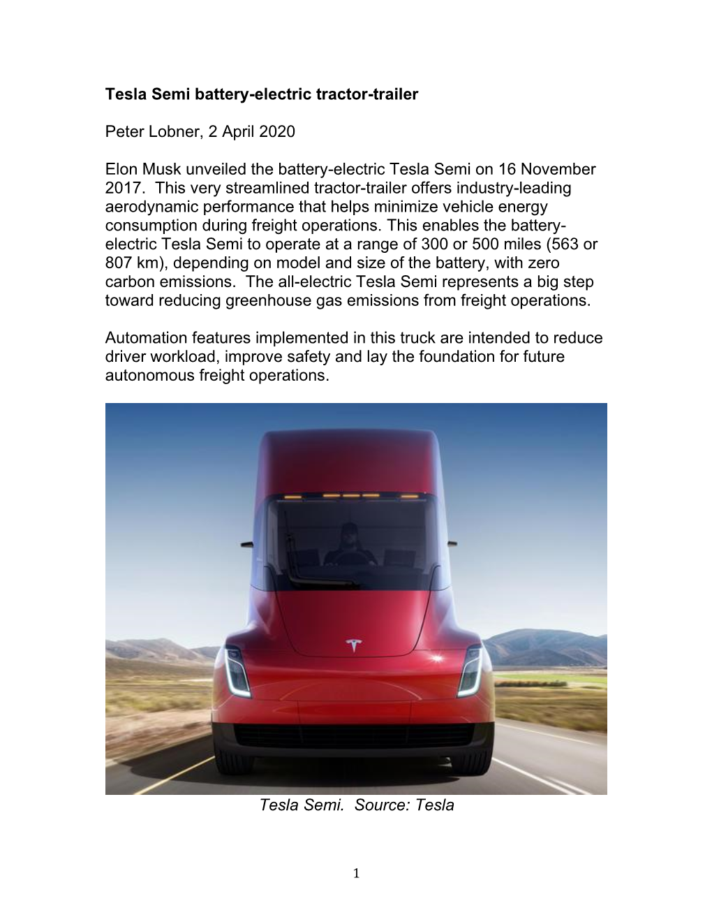 Tesla Semi Battery-Electric Tractor-Trailer Peter Lobner, 2 April