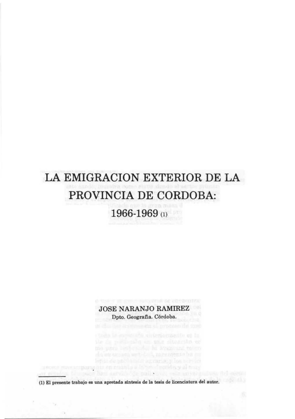 La Emigracion Exterior De La Provincia De Cordoba